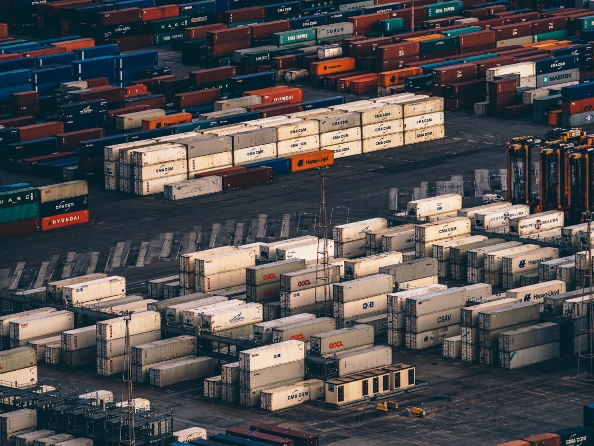 Shipping containers stacked at a port terminal
